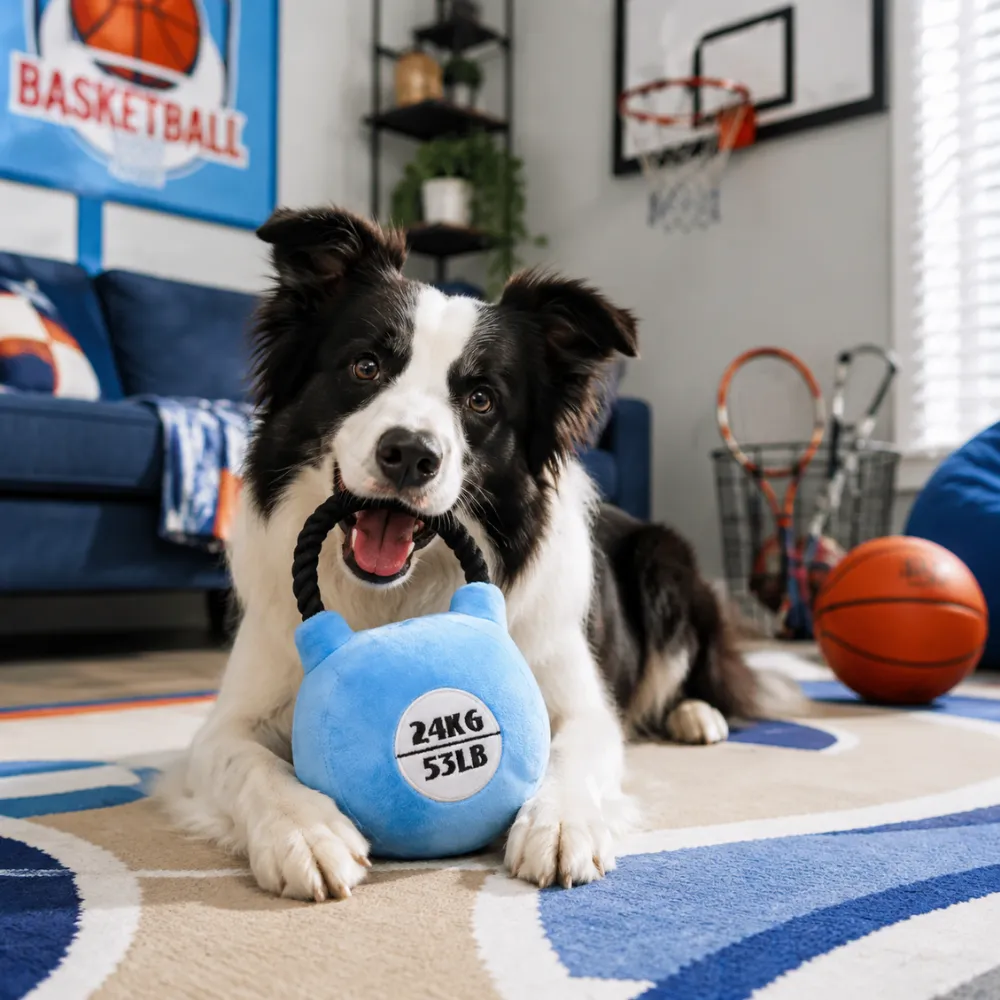 Border Collie playing with a blue kettlebell plush dog toy with rope handle indoors