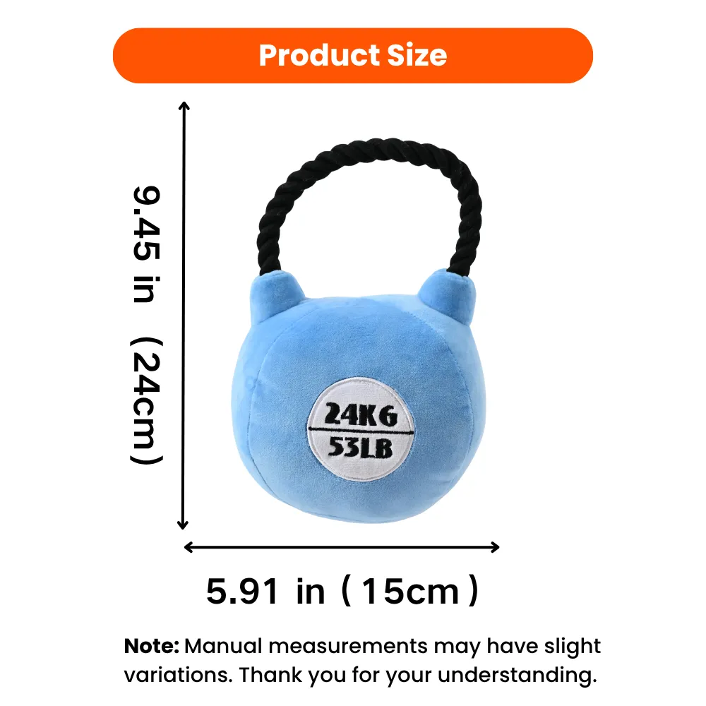 Kettlebell shaped plush dog toy size measurement showing 15cm width and 24cm height
