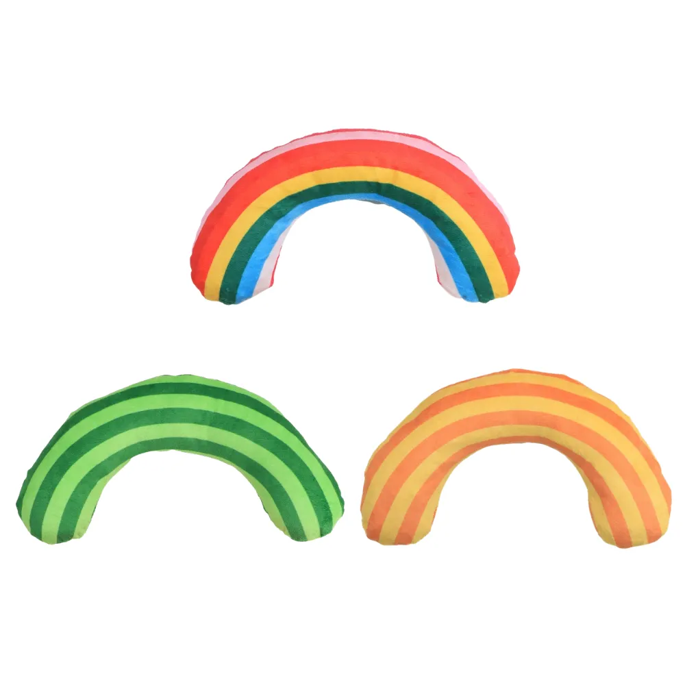 Colorful rainbow plush cat toy available in green, orange, and rainbow colors