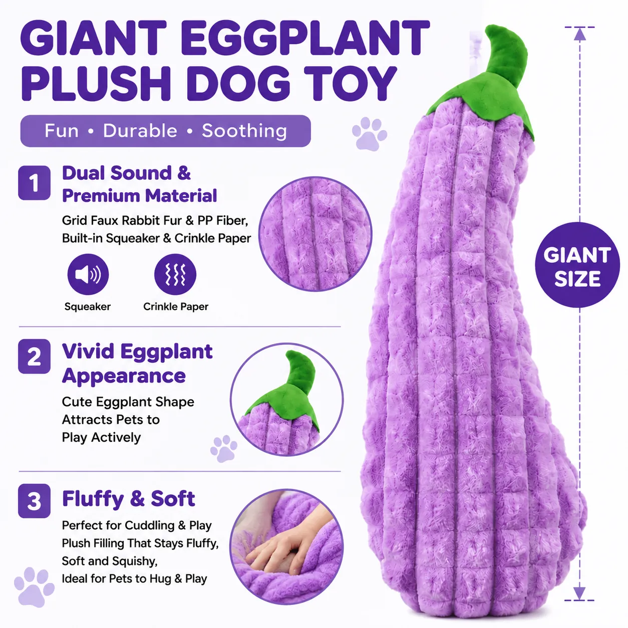 Giant eggplant plush dog toy with squeaker crinkle paper and soft PP fiber