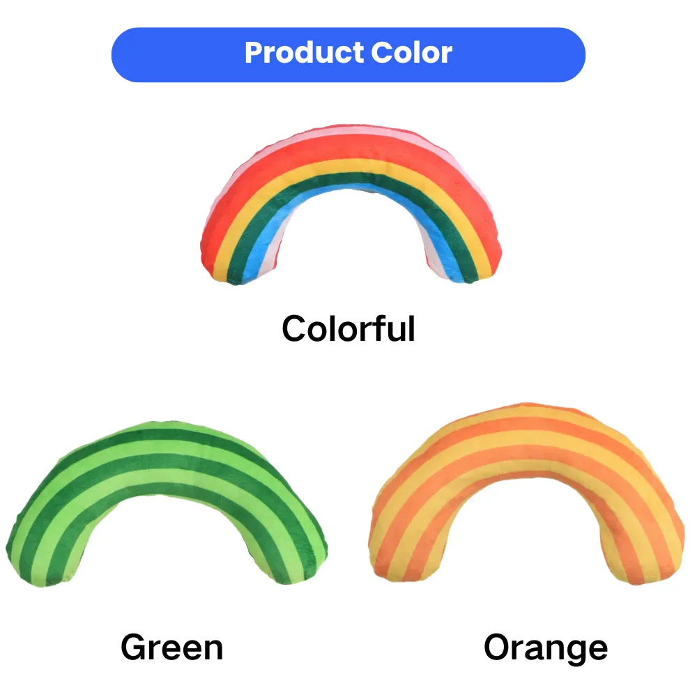 Rainbow plush cat toy color options including green, orange, and colorful designs