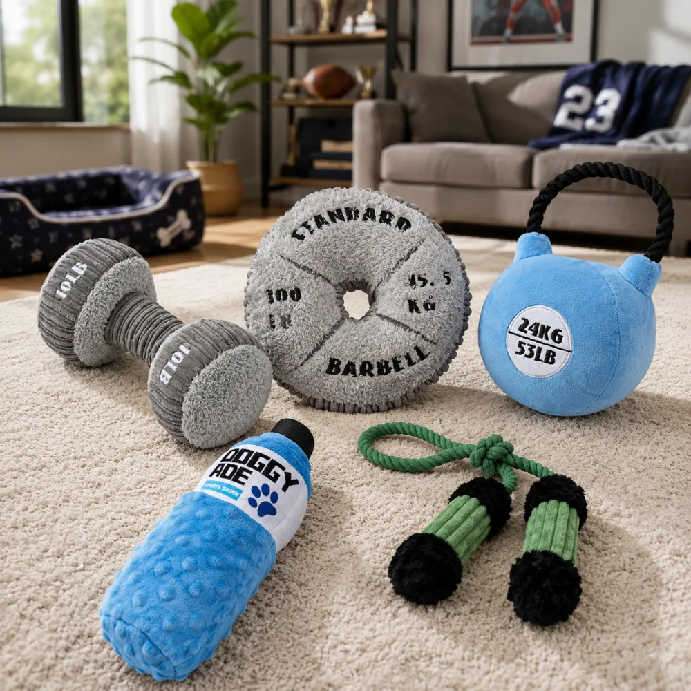 Sports themed plush dog toys including kettlebell, dumbbell and rope toys displayed indoors