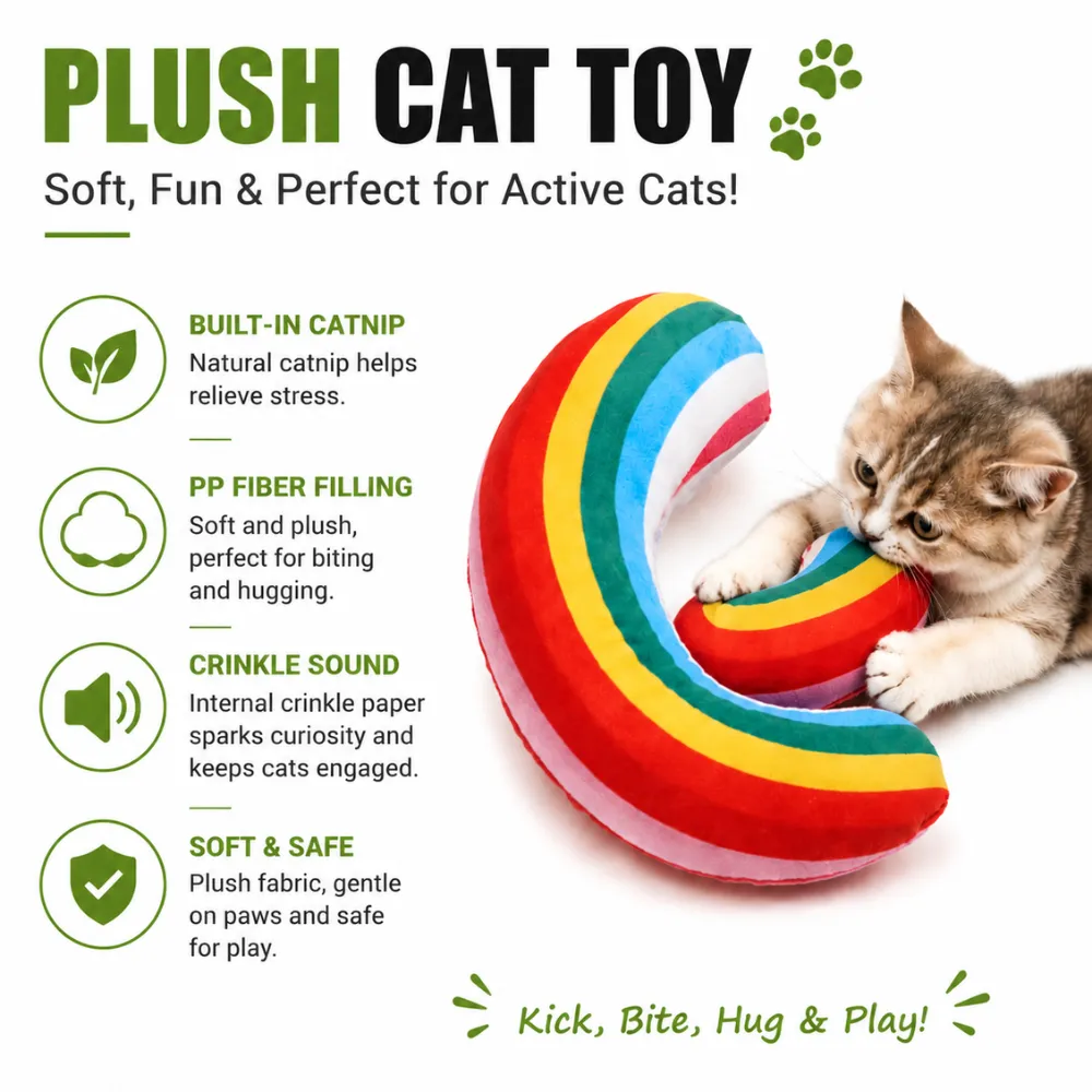 Rainbow plush cat toy with natural catnip, PP fiber filling, and crinkle sound for interactive play