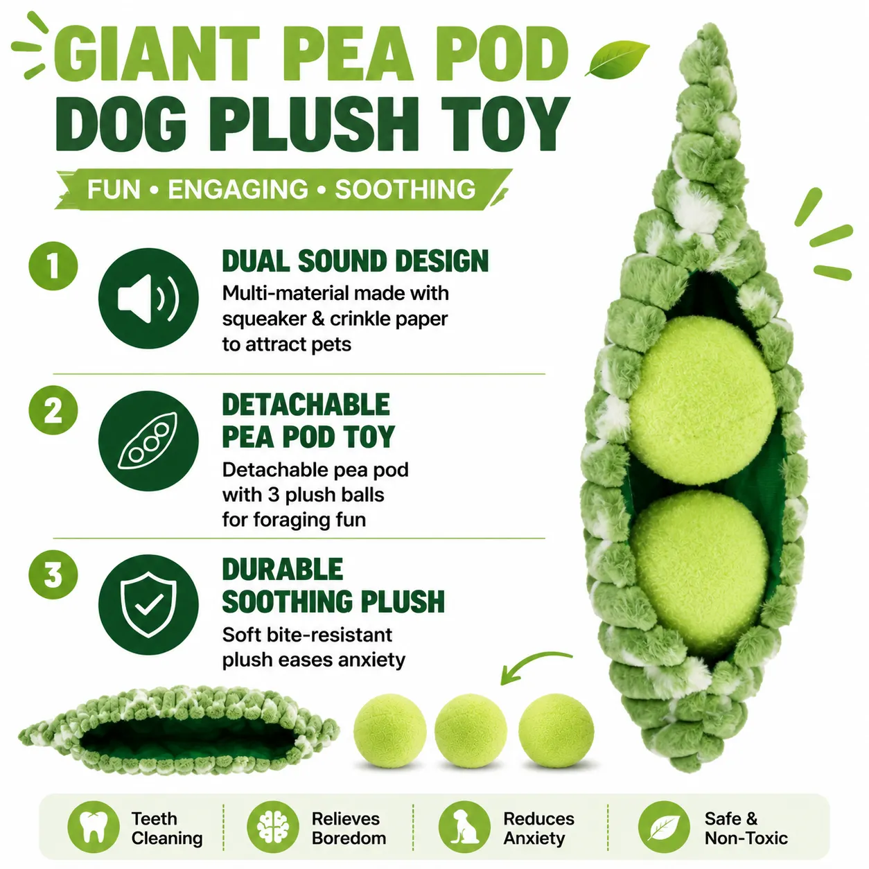 Giant pea pod plush dog toy with squeaker crinkle paper and removable balls