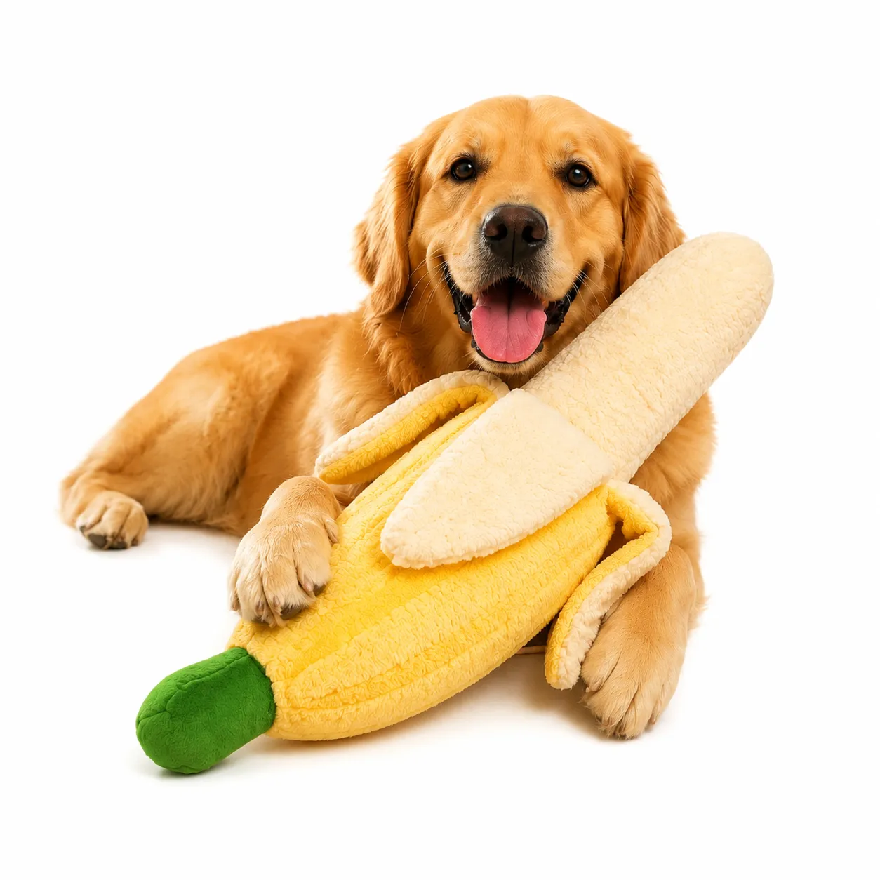 giant-banana-plush-dog-toy-for-large-dogs.jpg Large dog playing with giant banana plush squeaky dog toy on white background