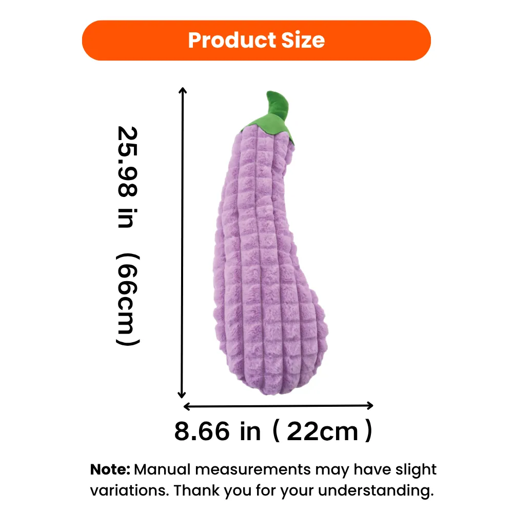 Giant eggplant plush dog toy measuring 66cm by 22cm
