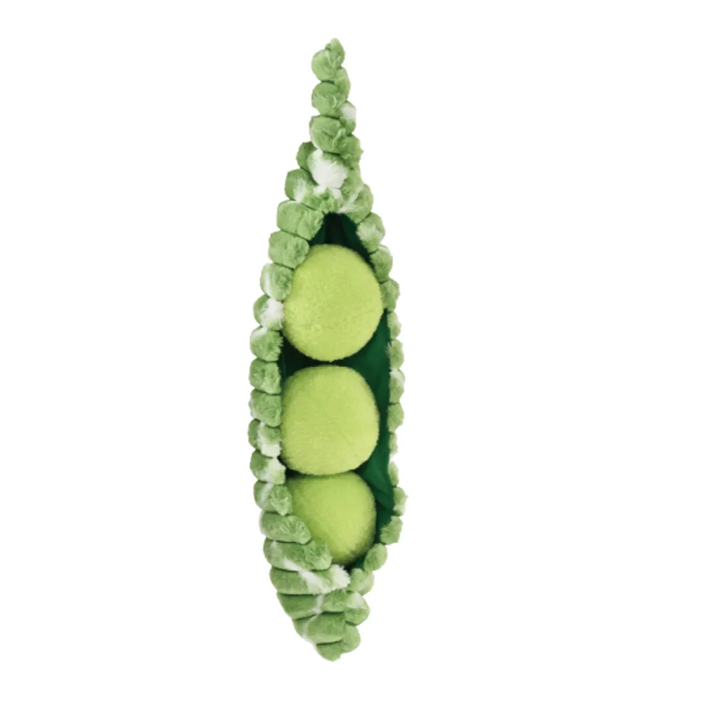 Detachable pea pod plush dog toy with three green plush balls
