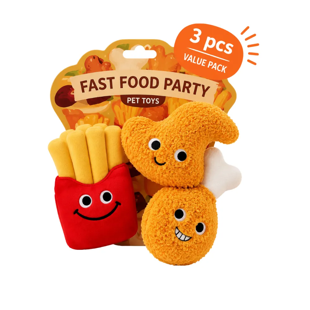 3-Piece Fast Food Plush Dog Toy Set with Packaging Packaged three-piece fast food plush dog toy set featuring fries and two chicken-shaped toys on a white background