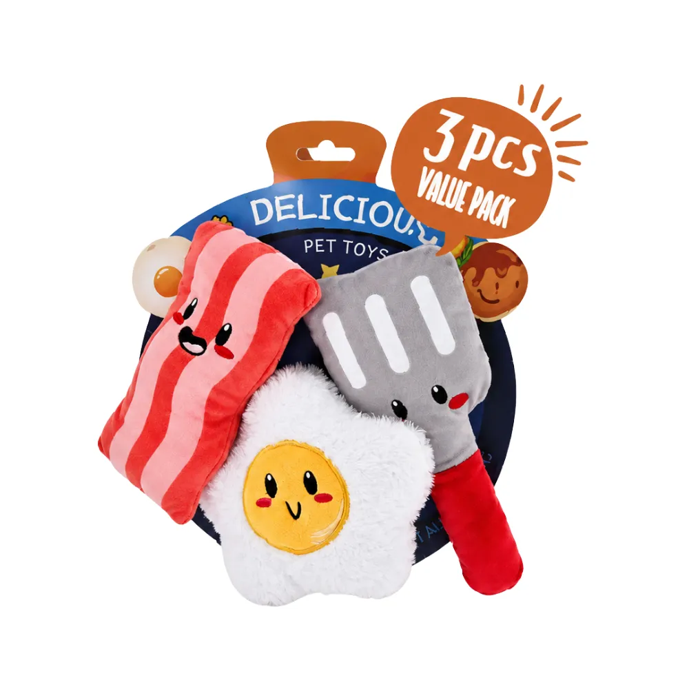 3-Piece Breakfast Plush Dog Toy Set Three-piece breakfast plush dog toy set with bacon, fried egg and spatula toys in retail packaging