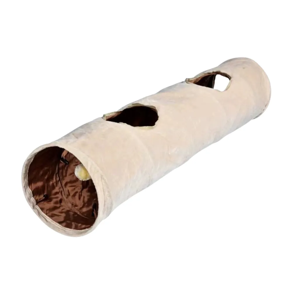 Beige foldable cat tunnel toy with multiple holes for indoor cats