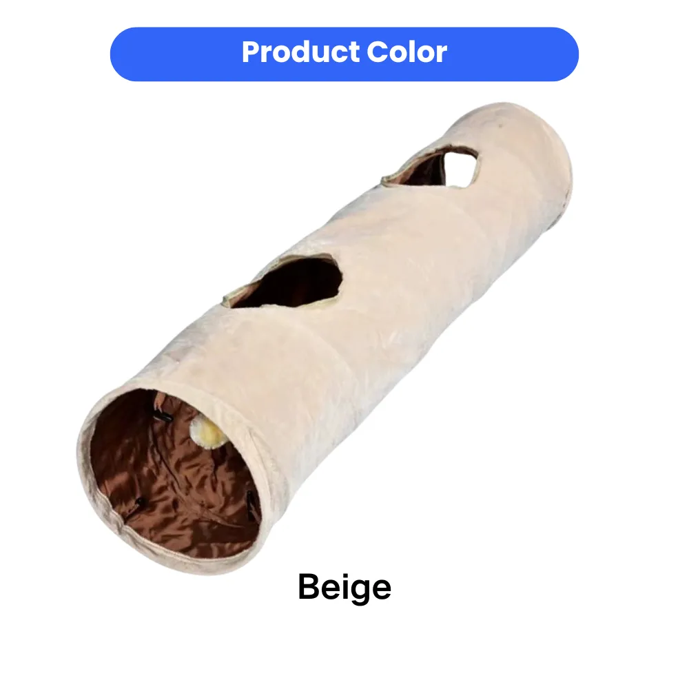 Beige foldable plush cat tunnel with multi-hole design and hanging pom-pom toy