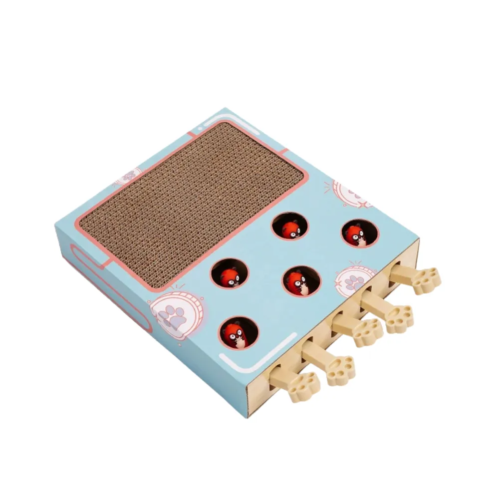 Interactive Cat Scratcher Toy Product View Blue cardboard cat scratcher toy with five moving mice and paw-shaped levers