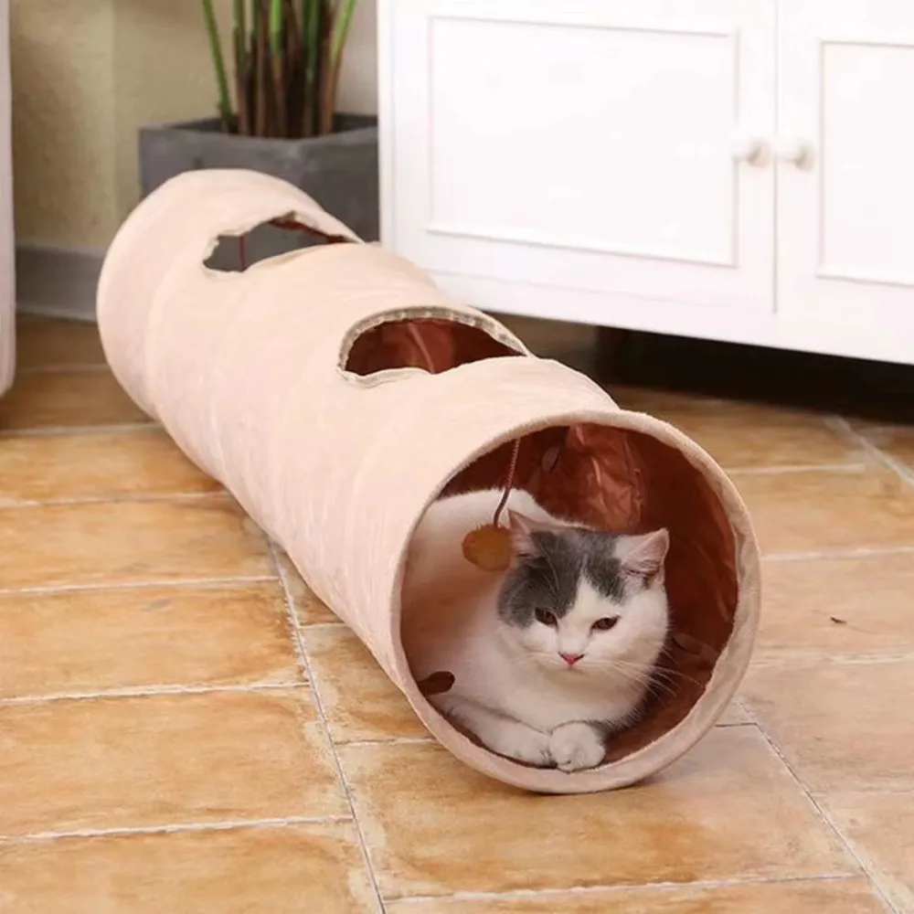 White and gray cat resting inside a beige foldable plush tunnel in a home