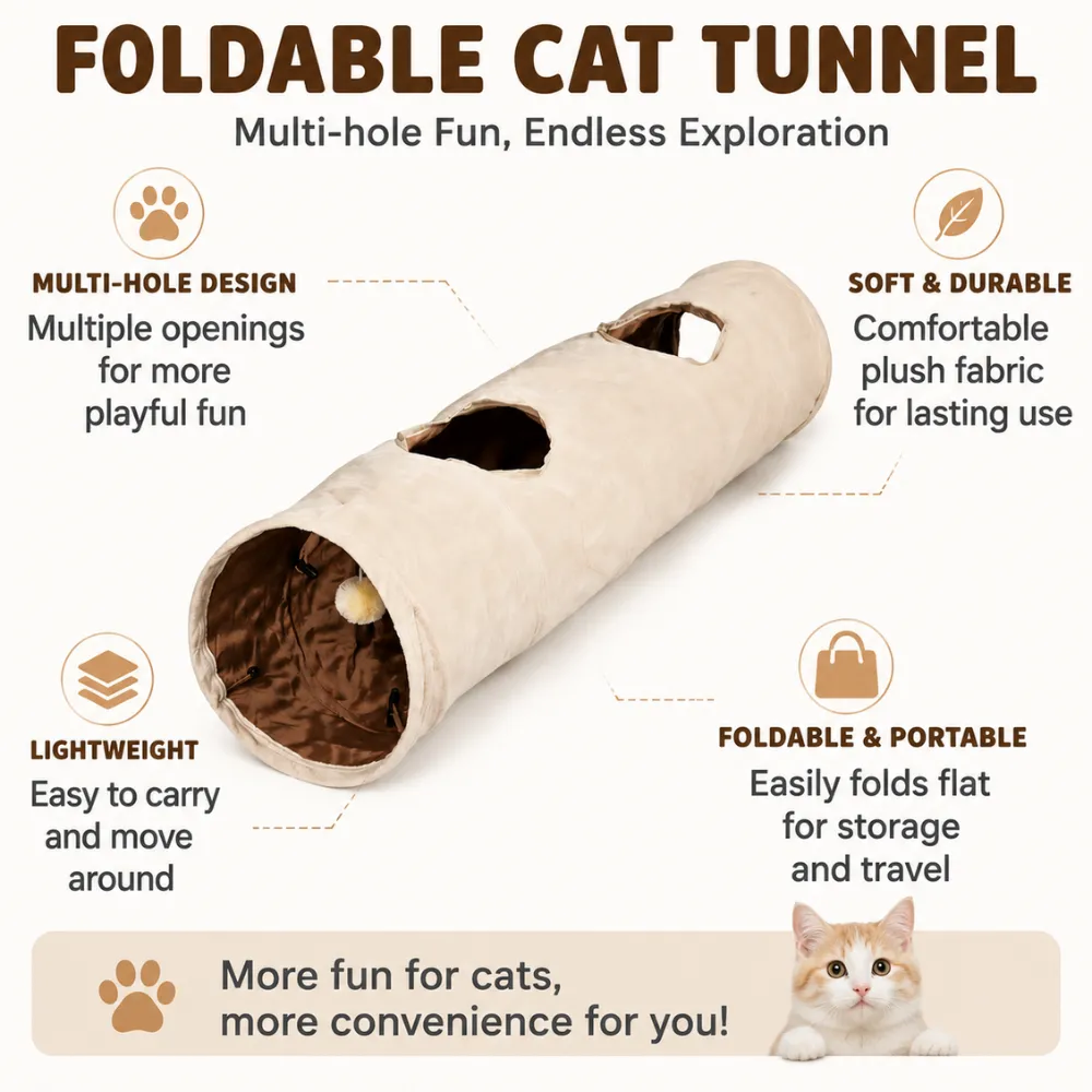 Foldable plush cat tunnel with multiple openings, soft fabric and lightweight portable design