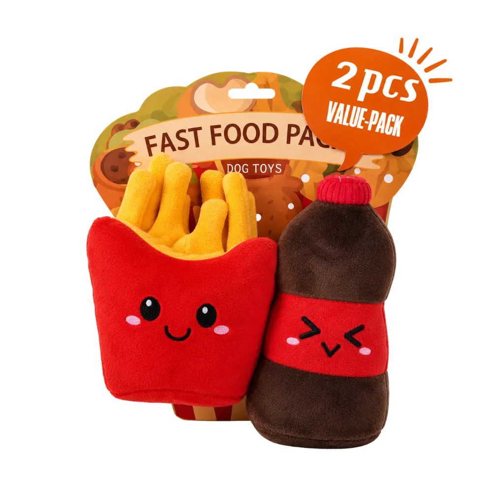 2-Piece Fast Food Plush Dog Toy Value Pack Two-piece plush dog toy set featuring a smiling French fries toy and a soft drink bottle toy in retail packaging