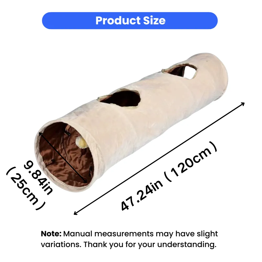 Beige foldable cat tunnel measuring 47.24 inches long and 9.84 inches wide