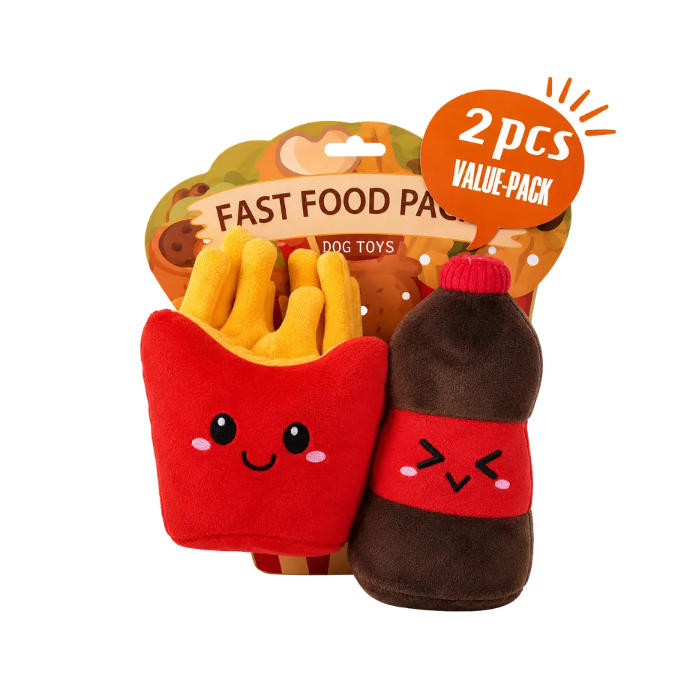 French Fries and Soda Plush Dog Toy Set Red French fries and brown soda bottle plush dog toys supplied as a two-piece fast food themed set