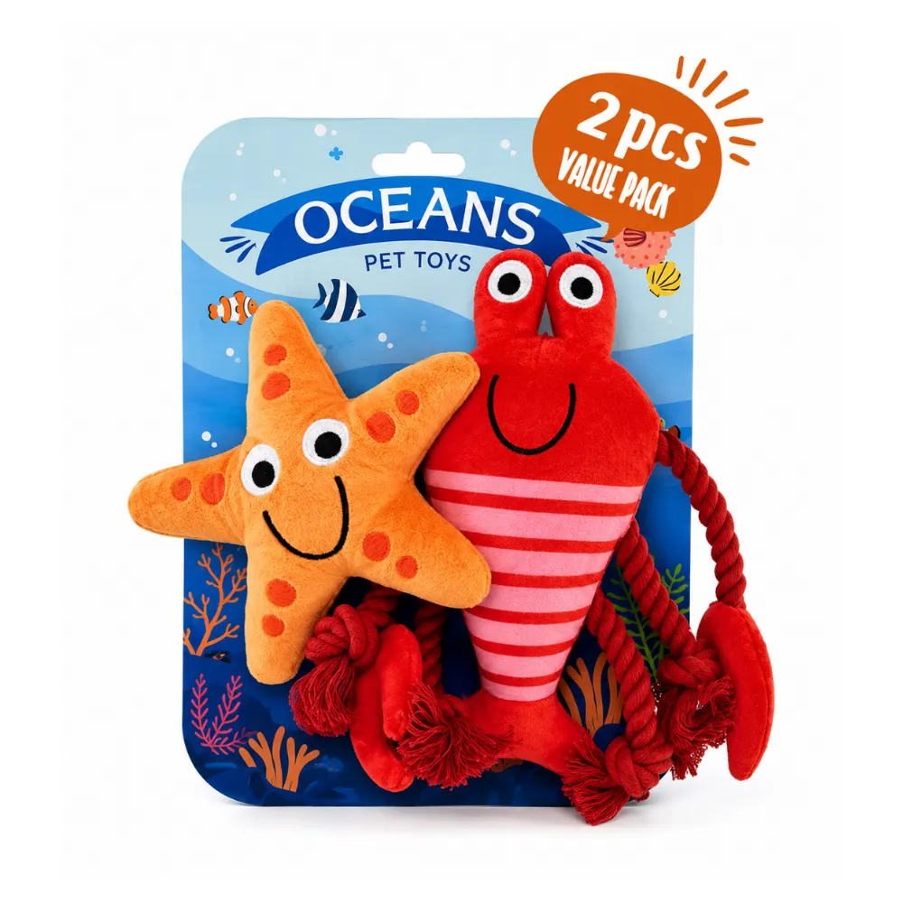 Wholesale Ocean Dog Toy Set Value Pack Wholesale lobster and starfish dog toy set with colorful ocean retail packaging