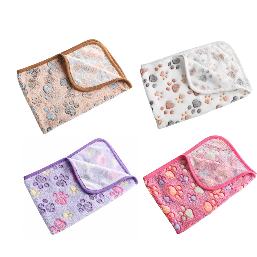 Four color options of plush pet blanket mats displayed on white background for wholesale pet supplies