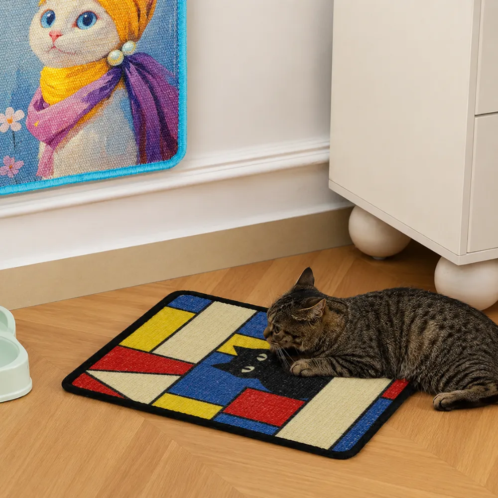 Tabby cat resting on a colorful artistic sisal scratching pad in a living room