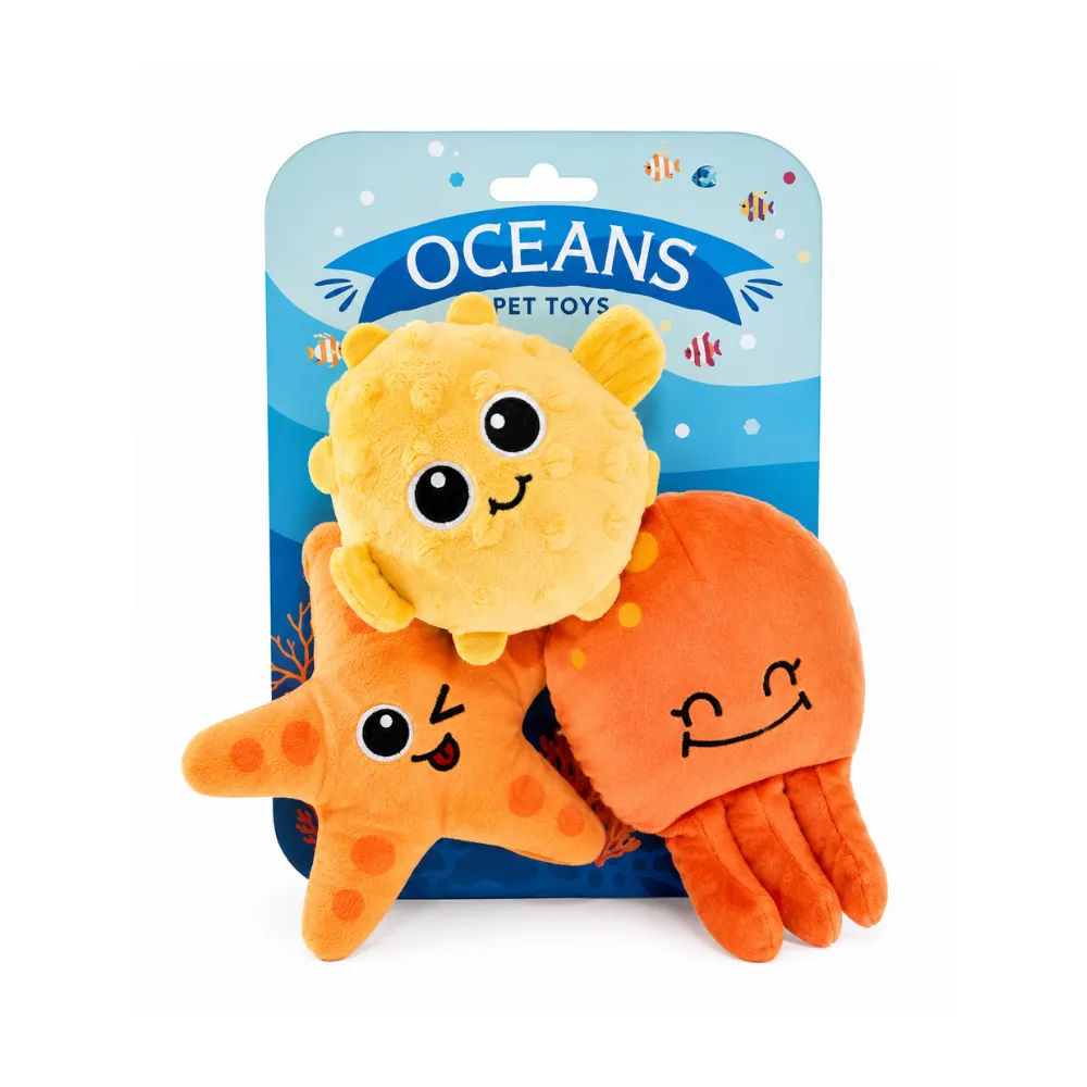 Ocean Animal Plush Dog Toys Retail Pack Close-up of packaged ocean animal plush dog toys featuring a pufferfish, starfish and octopus design