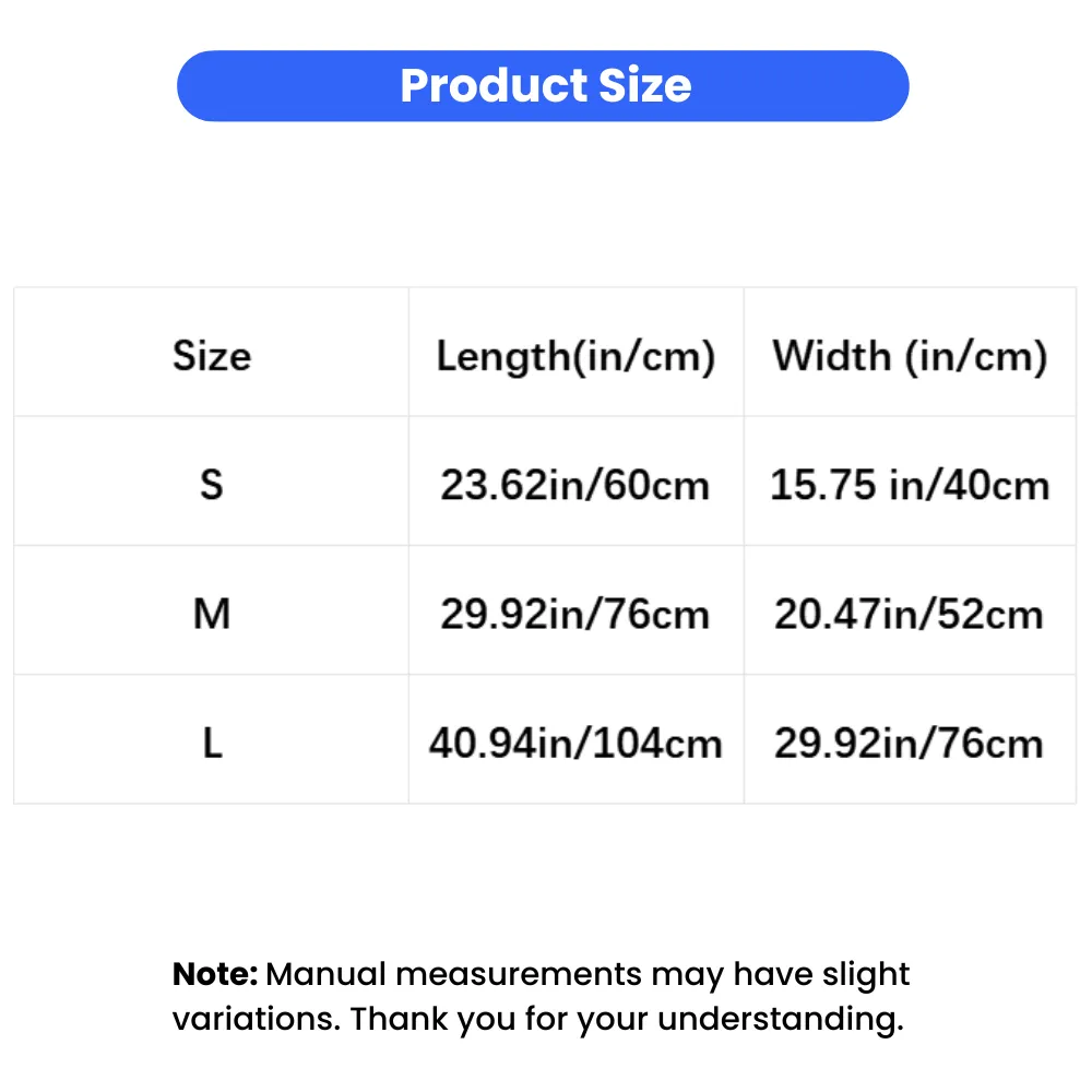 Size chart showing S, M and L dimensions for plush pet blanket mat in inches and centimeters