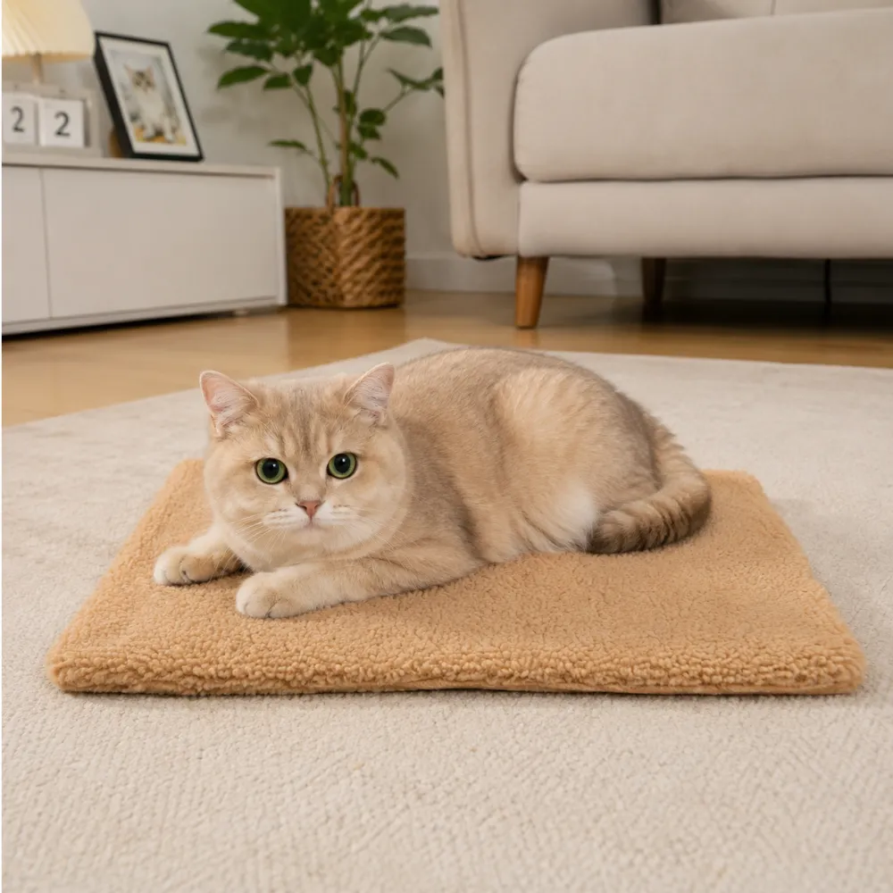 Cat lying on a soft brown self-warming pet mat in a living room