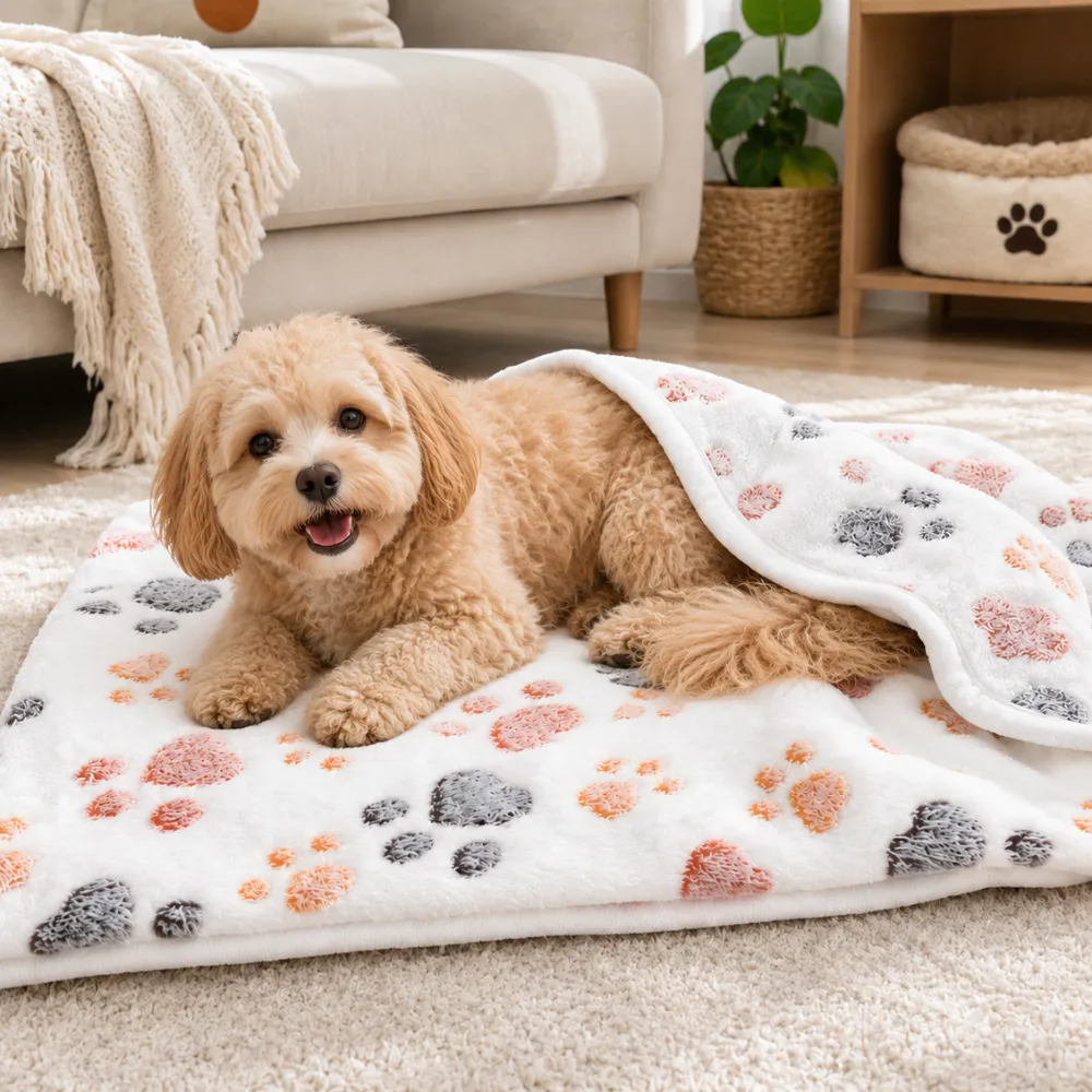 Small dog lying on a soft double-sided plush pet blanket mat in a living room