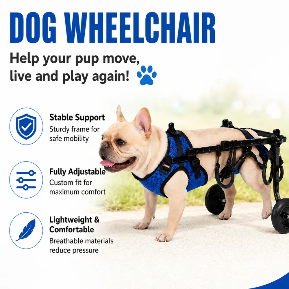 Small dog wearing an adjustable rear support wheelchair with a breathable blue harness, sturdy frame and lightweight wheels.