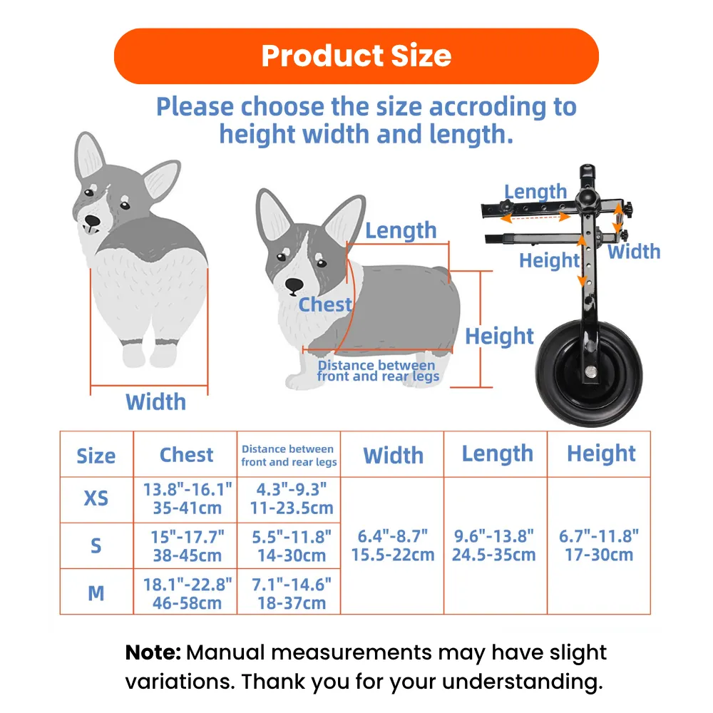 Adjustable dog wheelchair size chart showing chest, body length, width, height and leg distance measurements for XS, S and M dogs.