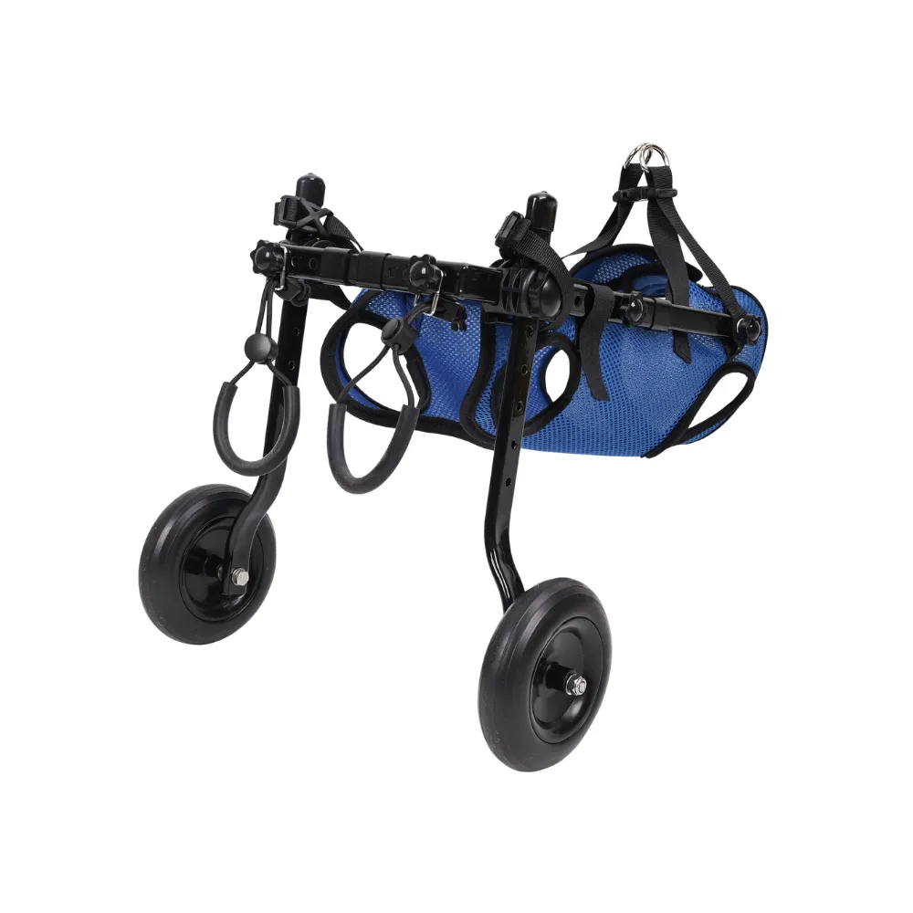 Blue and black adjustable dog wheelchair with breathable mesh harness, rear support straps and two mobility wheels on a white background.