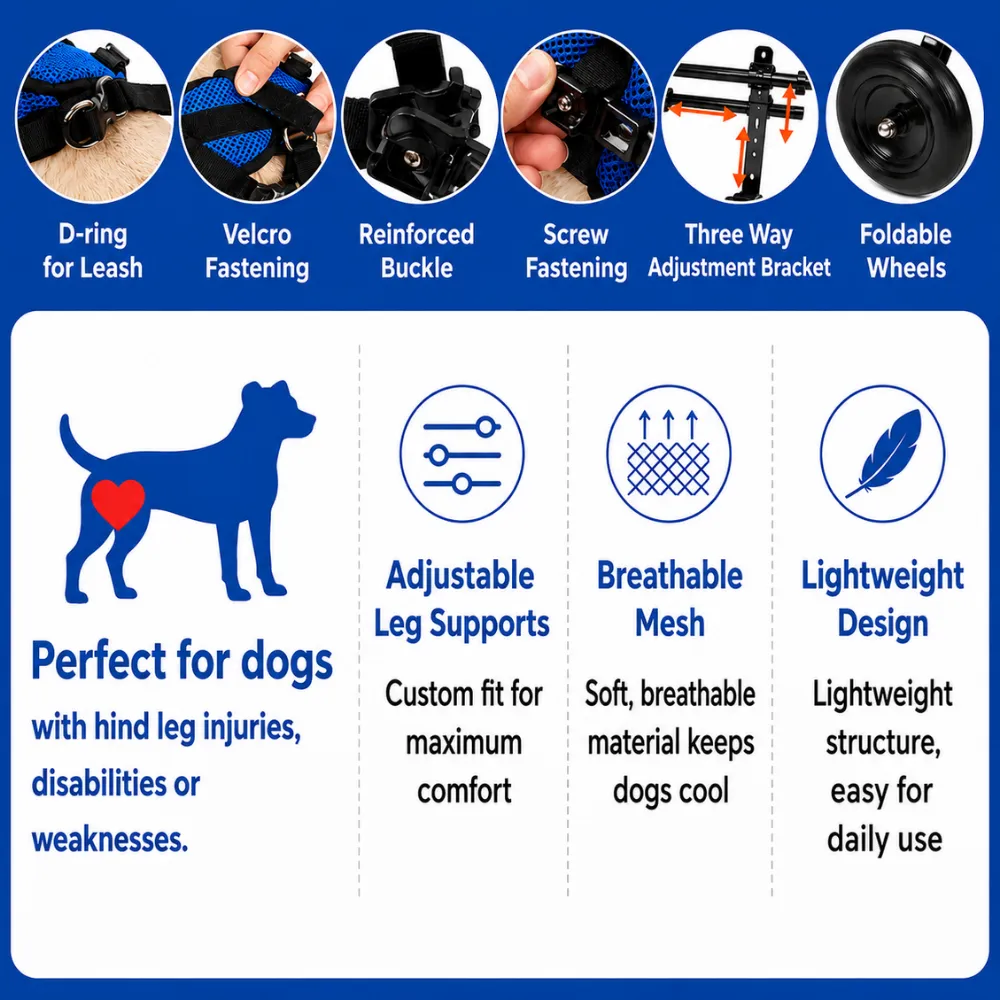 Dog wheelchair feature diagram showing leash D-ring, Velcro straps, reinforced buckle, screw fastening, adjustable bracket, foldable wheels and breathable mesh.