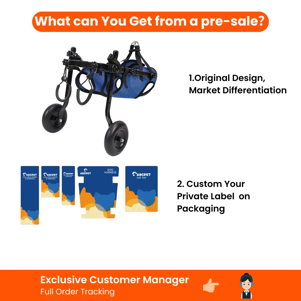 Custom dog wheelchair displayed with private label pet product packaging and pre-sale order support information.