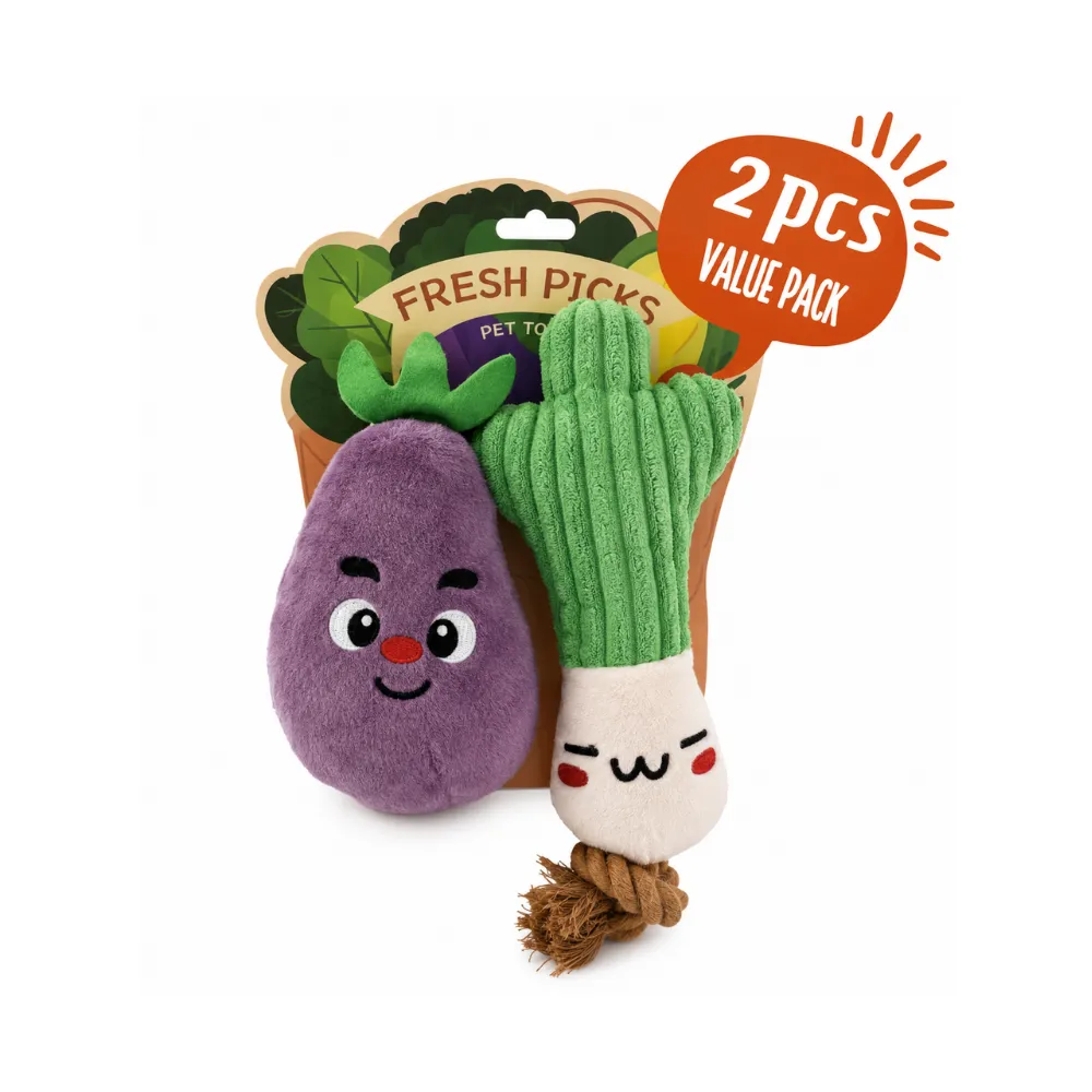 Wholesale Eggplant and Scallion Dog Toy Set Wholesale two-piece eggplant and scallion plush dog toy set in vegetable-themed retail packaging