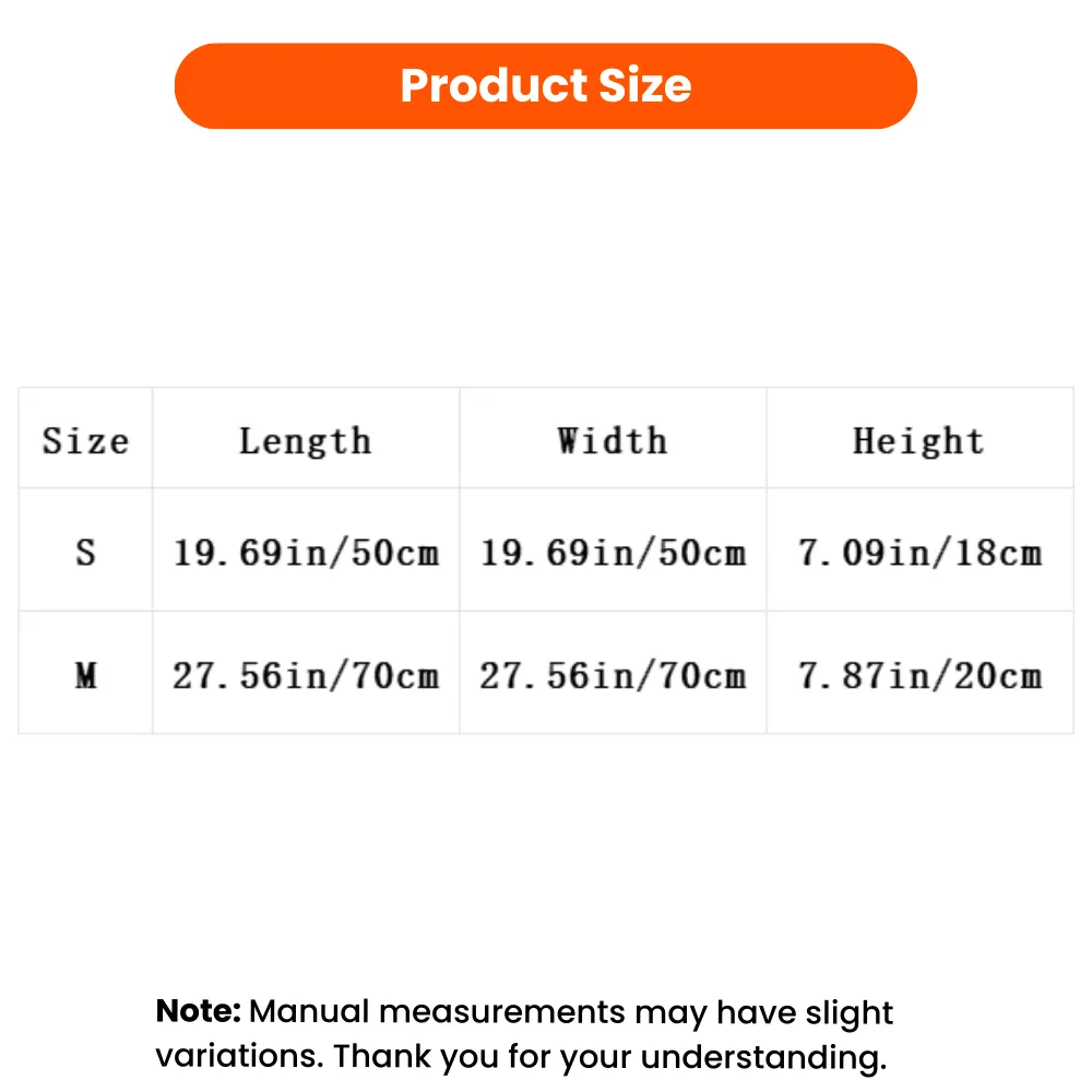 Elevated pet bed size chart showing length width and height measurements