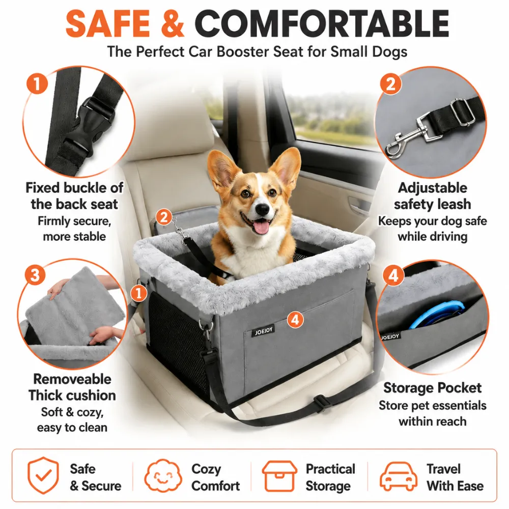 Dog car booster seat with adjustable safety leash, removable cushion, secure buckle, and storage pocket