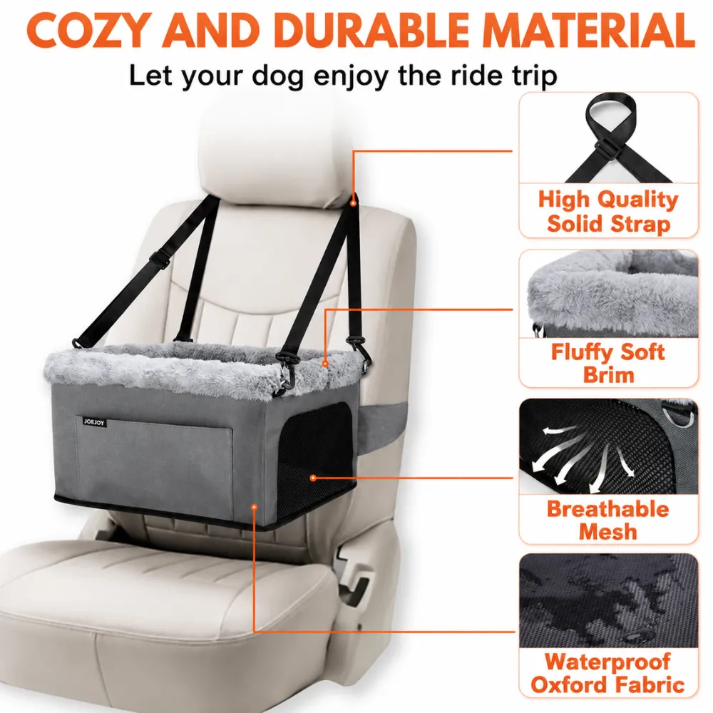 Small dog car booster seat featuring safety straps, soft plush brim, breathable mesh sides, and waterproof Oxford fabric