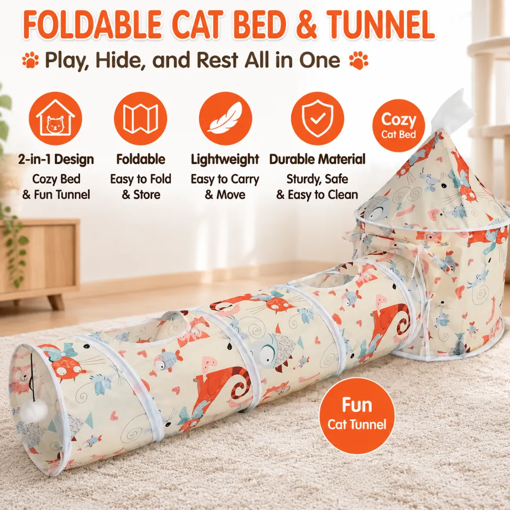 Foldable cat bed tunnel with cozy sleeping area and interactive play space
