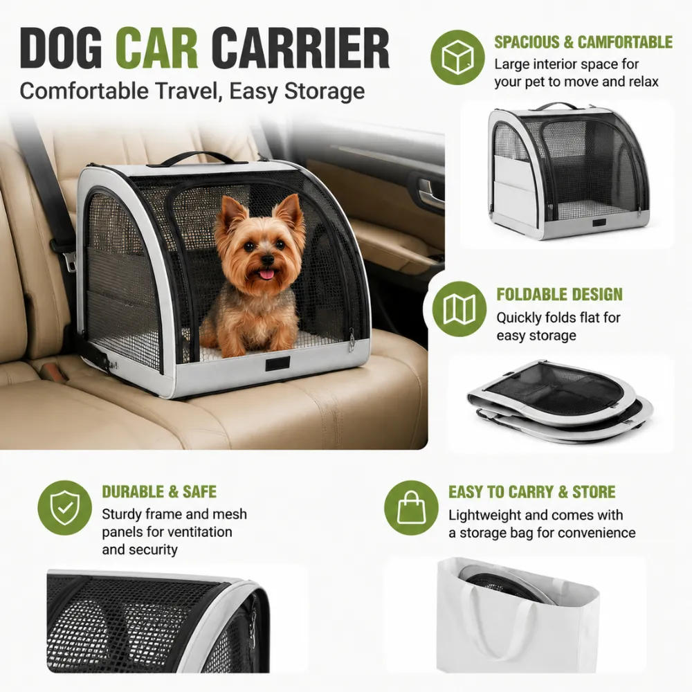 Portable dog car carrier with foldable design, mesh ventilation and storage bag