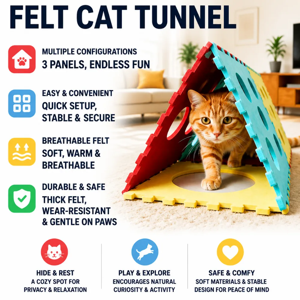 Felt cat tunnel available in blue, red, and yellow color options for pet stores