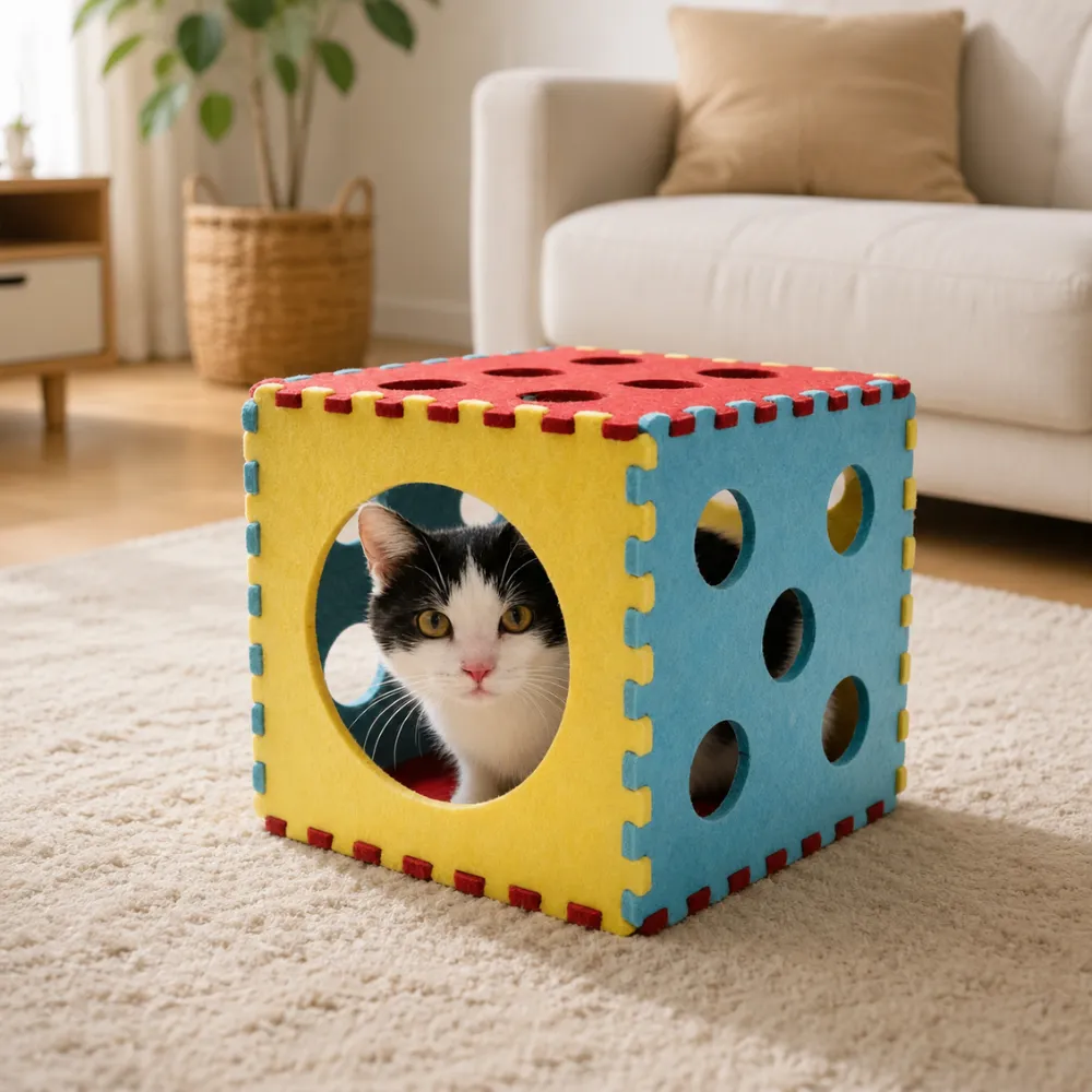 Indoor cat playing inside a colorful felt tunnel cube toy in a living room