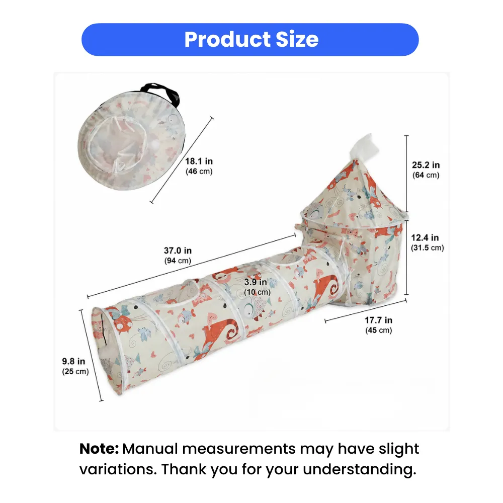 Foldable cat bed and tunnel dimensions with size measurements for cats