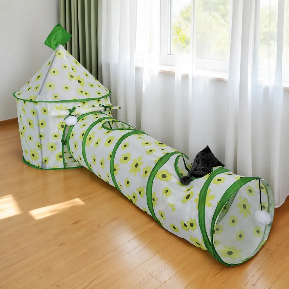 Cat playing in a foldable tunnel bed with cozy indoor pet space