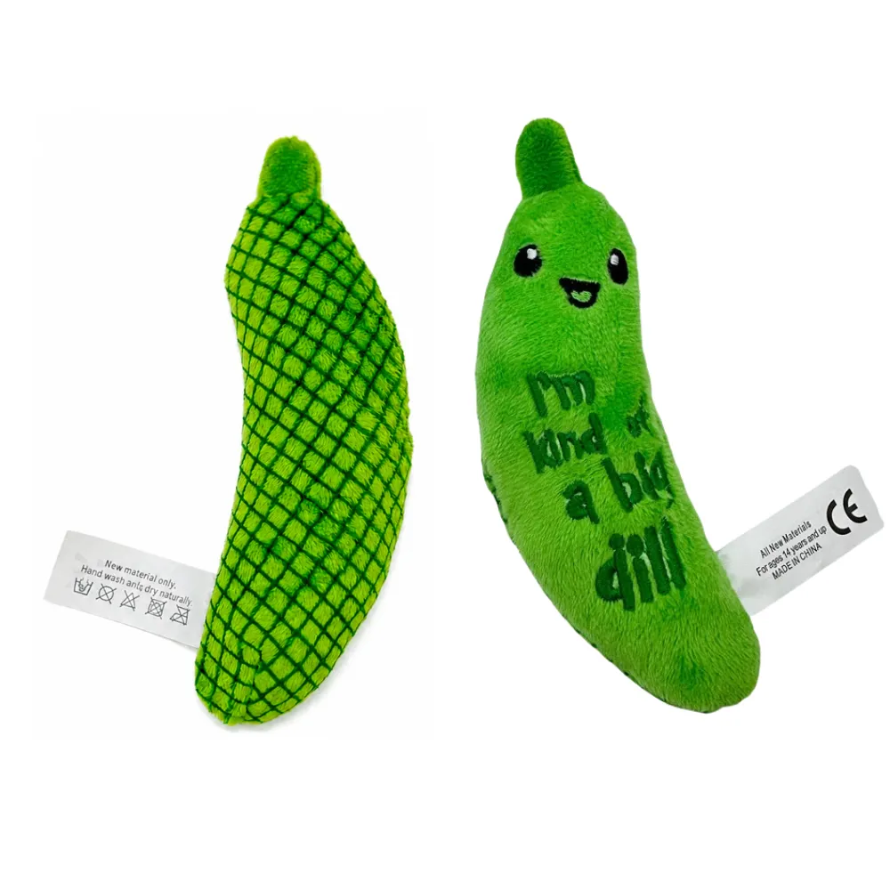 Green dill pickle cat toy showing front and back design with plush texture