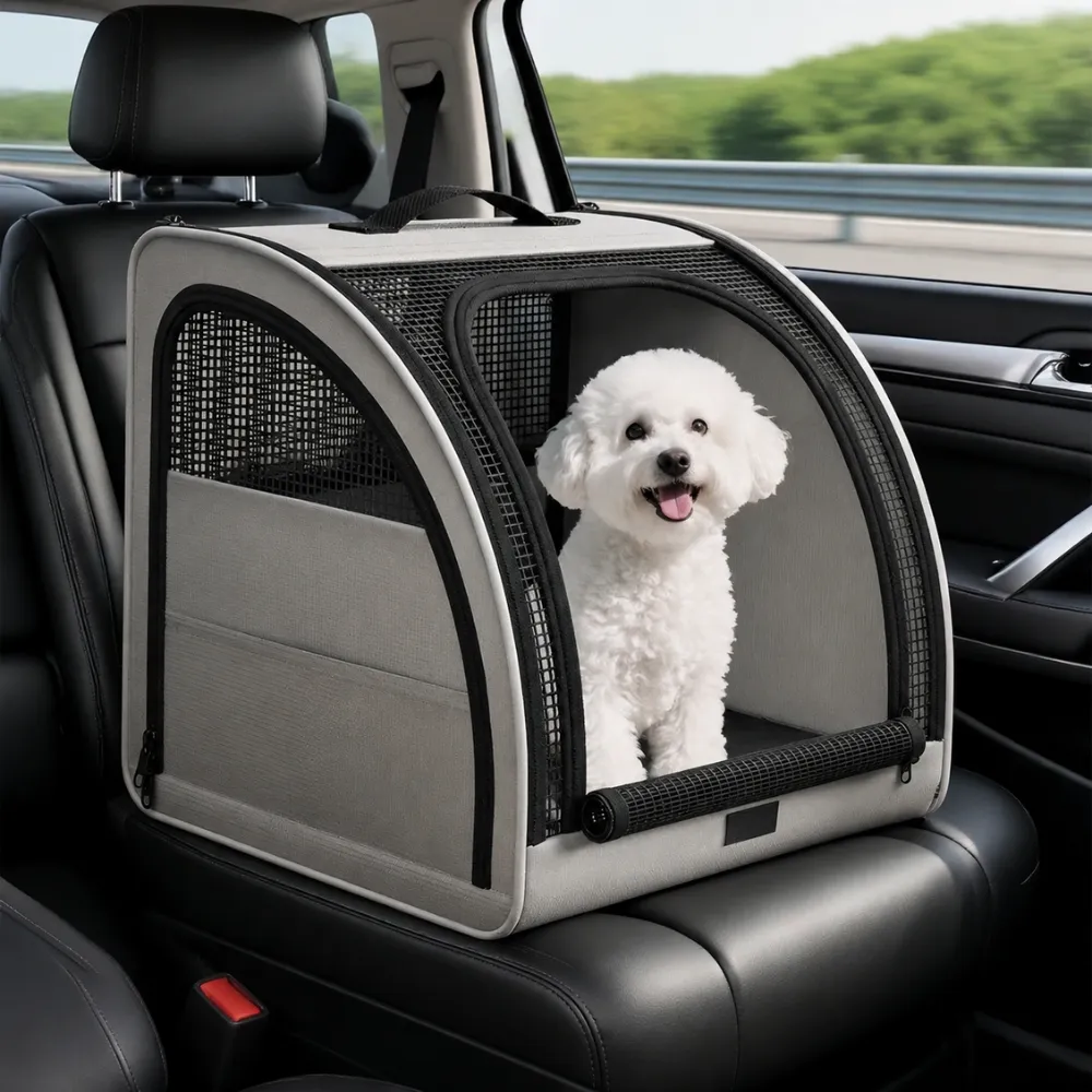 Small dog inside a breathable dog car carrier during a road trip