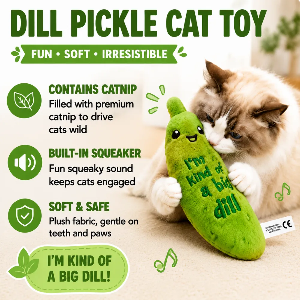 Dill pickle cat toy with premium catnip filling, built-in squeaker, and soft plush material