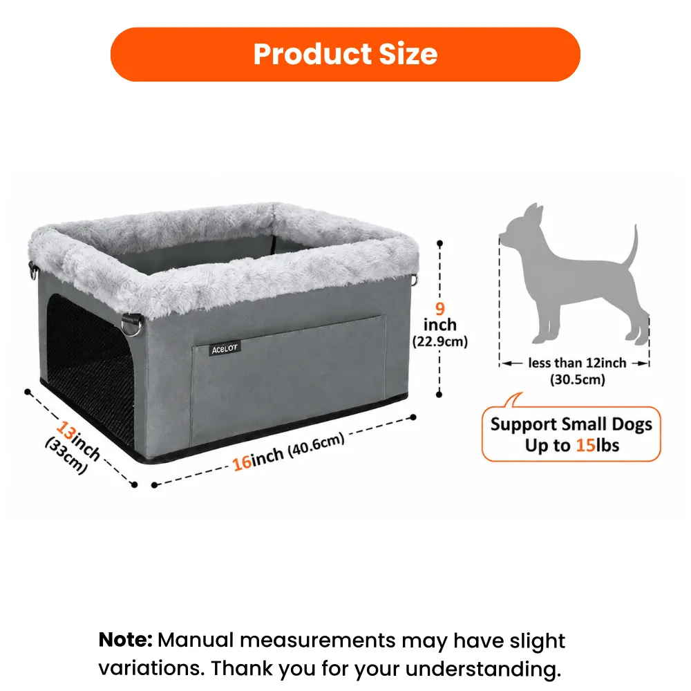 Dog car booster seat size chart showing 16 inch length, 13 inch width, and 9 inch height for small dogs up to 15 lbs