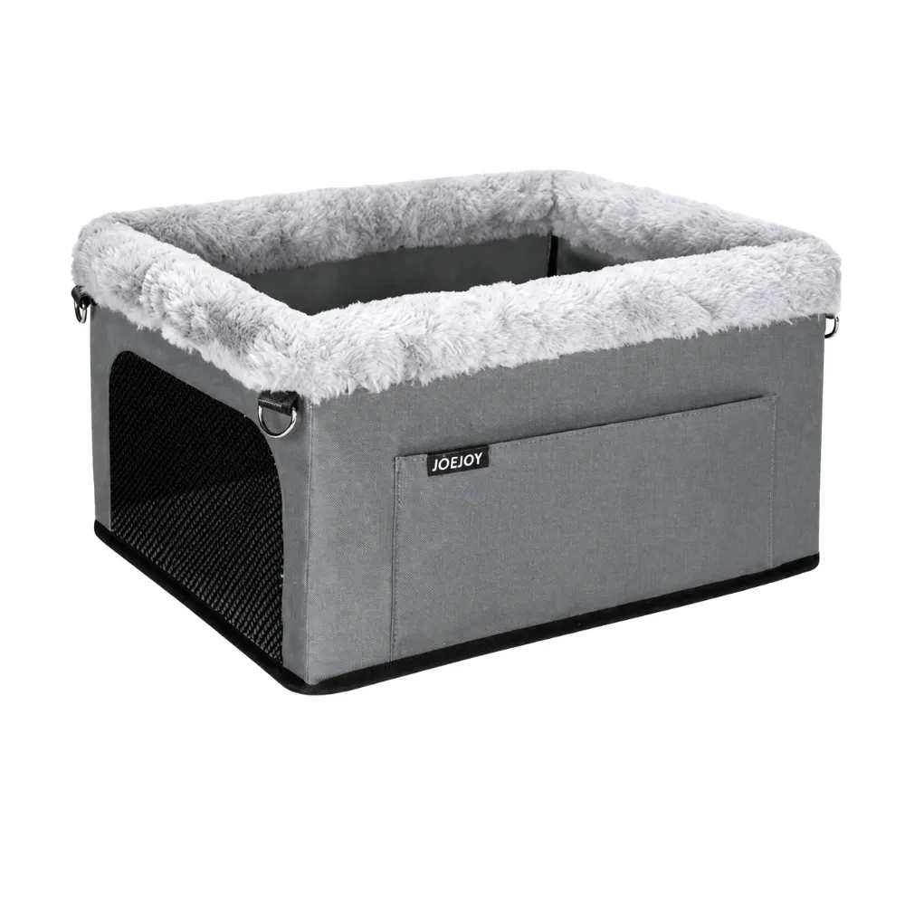 Gray dog car booster seat with soft plush lining and breathable mesh side panel