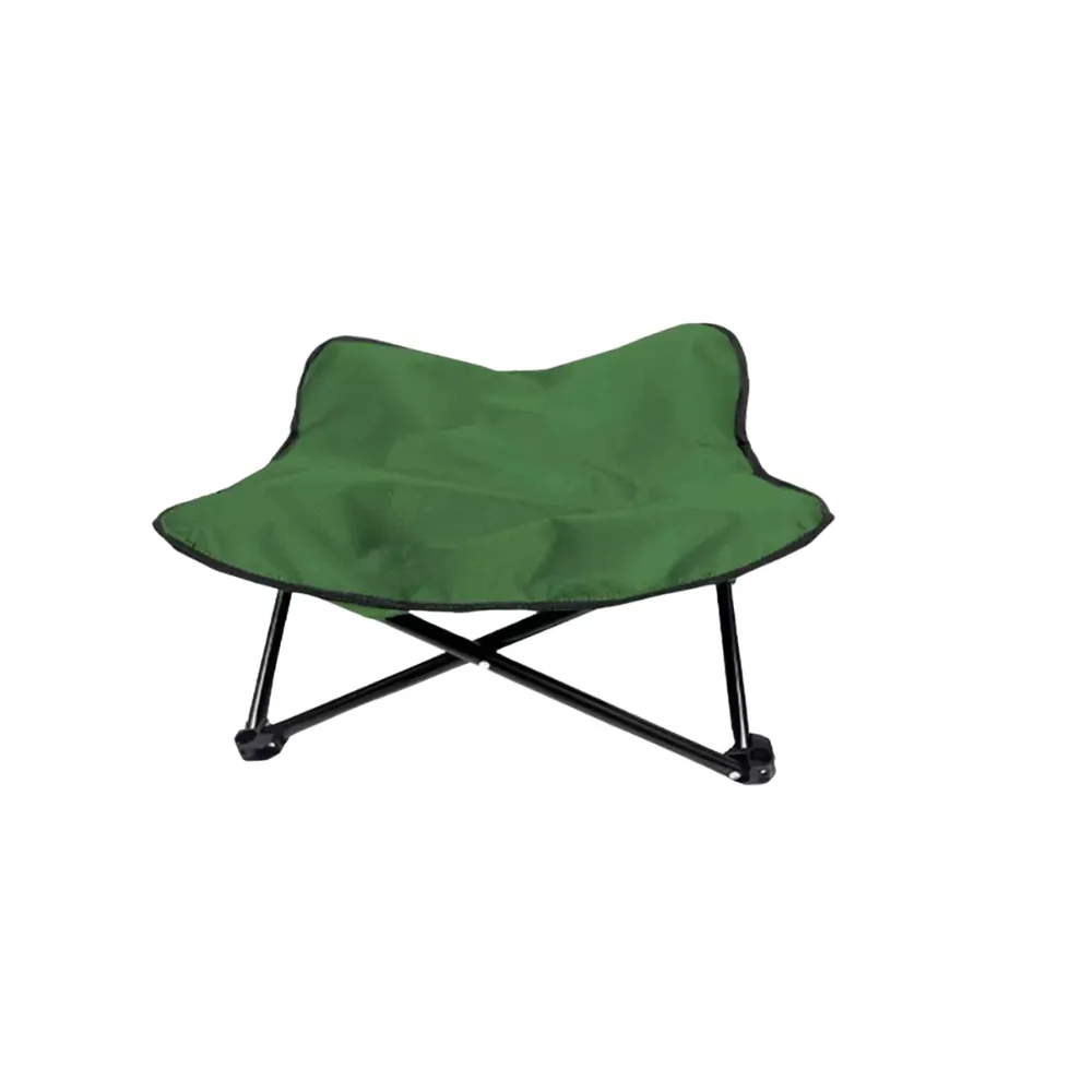 Green raised pet cot with foldable metal frame for dogs and cats on white background